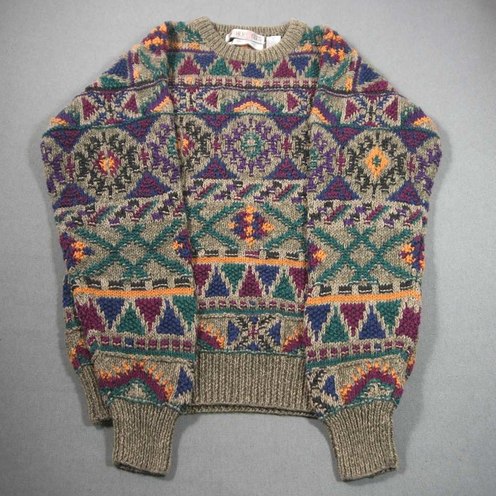 Northern Isles Hand Knitted Geometric Fair Isle Women Sweater L Boho Cabin Retro